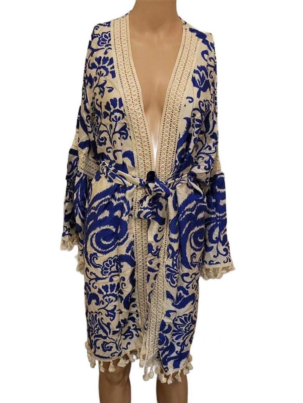 Yucixitug Fashion Blue White Bohemian Fringe Swim Cover-Up Women L/XL Cardigan